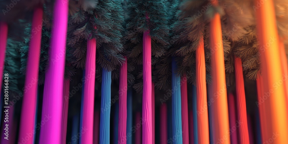 Poster a vibrant forest scene with tall, multicolored trees, creating an enchanting and surreal atmosphere.