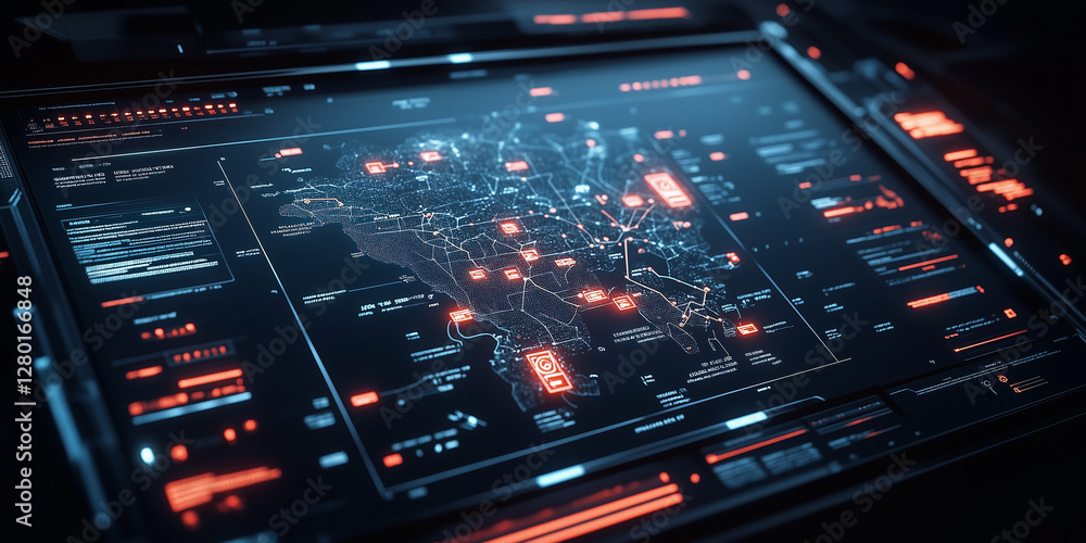 Poster futuristic control panel with glowing green and red displays, featuring a central circular radar-lik
