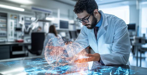 Interns in lab coats actively participate in cutting-edge research, manipulating holographic displays to analyze data. This collaborative environment fosters innovation and medical advancements.