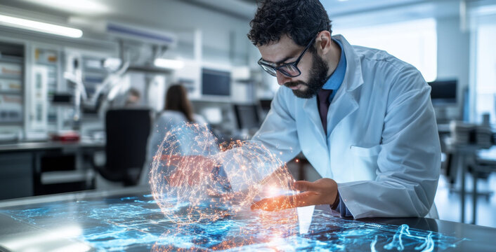 Interns in lab coats actively participate in cutting-edge research, manipulating holographic displays to analyze data. This collaborative environment fosters innovation and medical advancements.