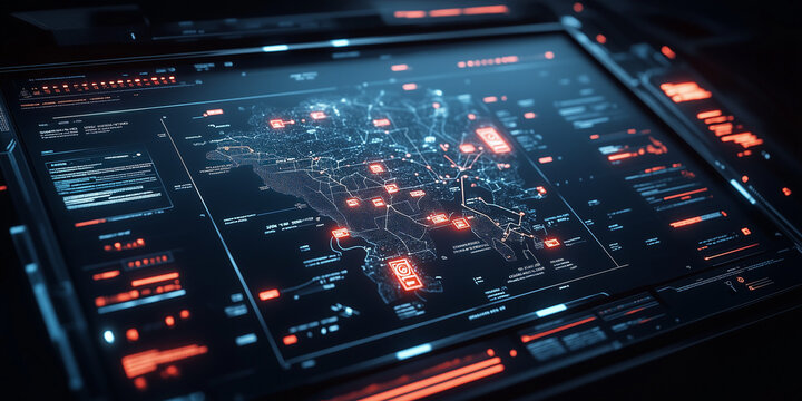 Futuristic control panel with glowing green and red displays, featuring a central circular radar-like interface.