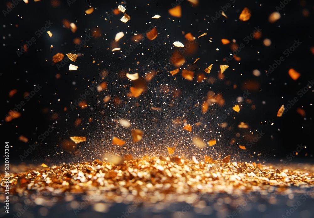 Poster golden sparkles falling glistening in dark background creating stunning atmospheric effects for crea