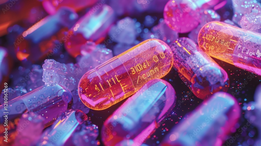 Aufkleber brightly colored capsules and shimmering crystals are scattered on a dark surface. the vibrant hues 