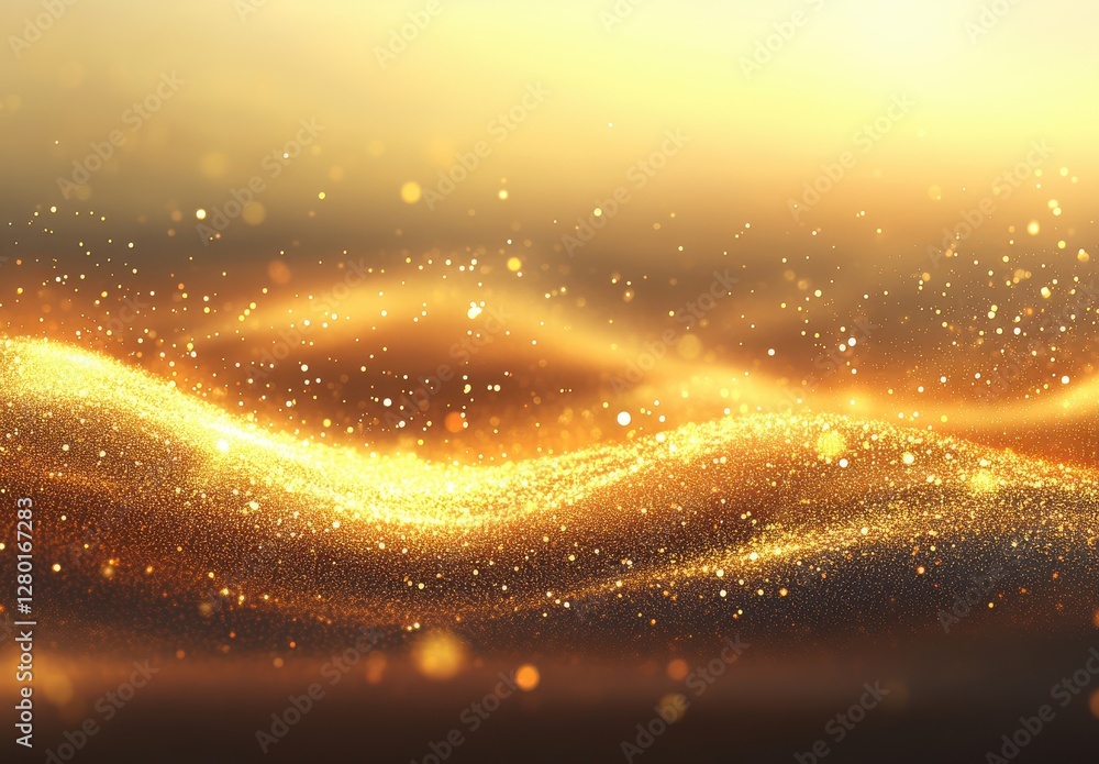 Poster golden sparkling background with flowing waves and shimmering particles, perfect for elegant designs