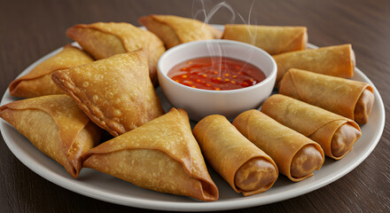 Samosas and Spring Rolls on a Serving Plate