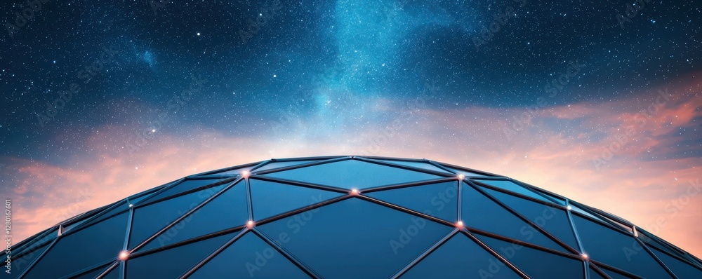 Poster a futuristic dome under a starry sky, illuminated by subtle lights, blending technology with the cos