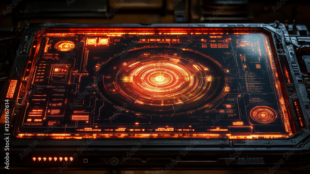 Poster futuristic control panel with glowing green and red displays, featuring a central circular radar-lik
