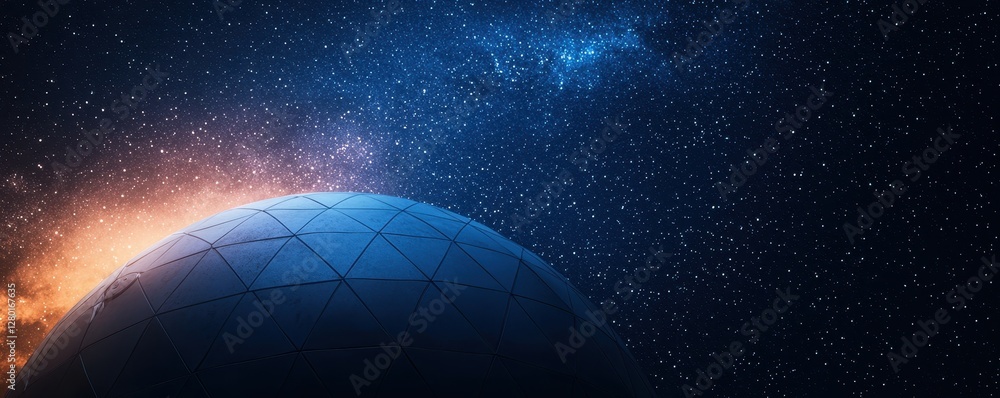 Poster a stunning cosmic scene featuring a planet illuminated by a fiery glow against a backdrop of deep sp