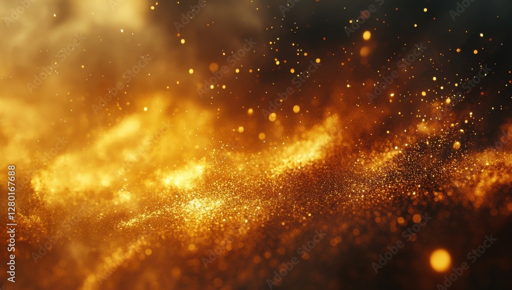 Poster Golden Sparkling Particles Floating in Dreamy Smoky Background with Soft Light Effects and Shimmering Texture for Creative Projects and Design Concepts