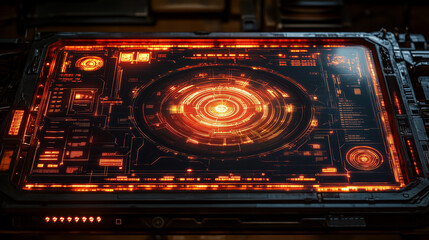 Futuristic control panel with glowing green and red displays, featuring a central circular radar-like interface.