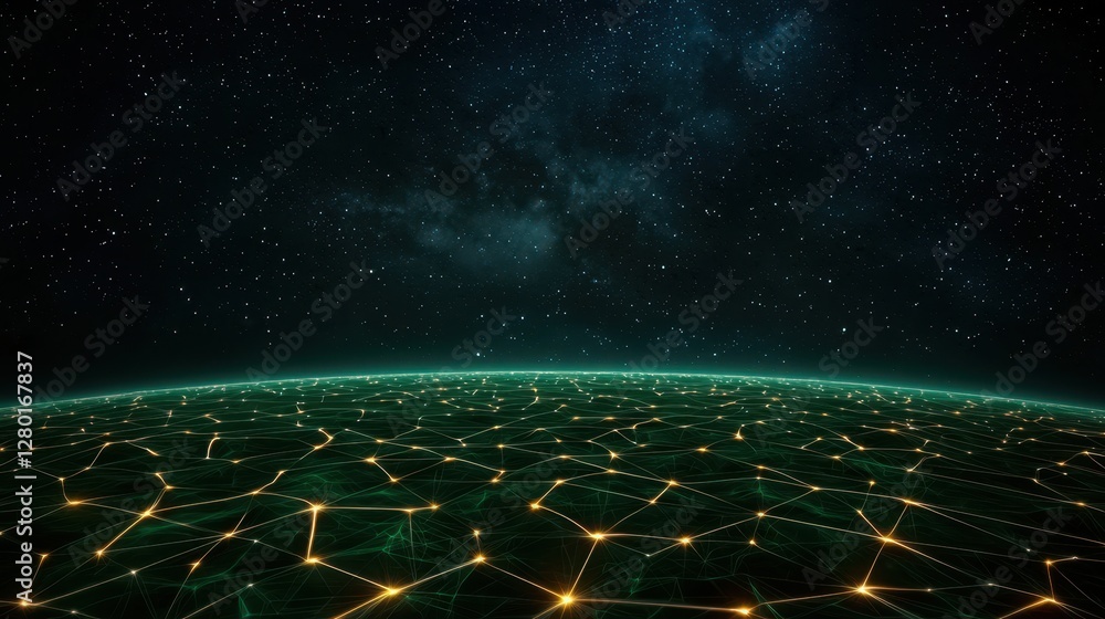 Poster a digital representation of a networked planet, illuminated by glowing connections against a starry 