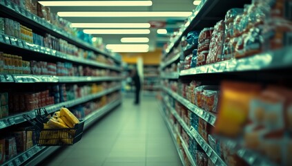 Supermarket aisle with customer, filled shelves, blurred background. Possible use Retail, grocery