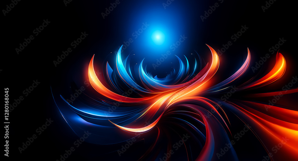 Poster vibrant blue and orange light streaks swirl and curve dynamically against a dark backdrop, creating 