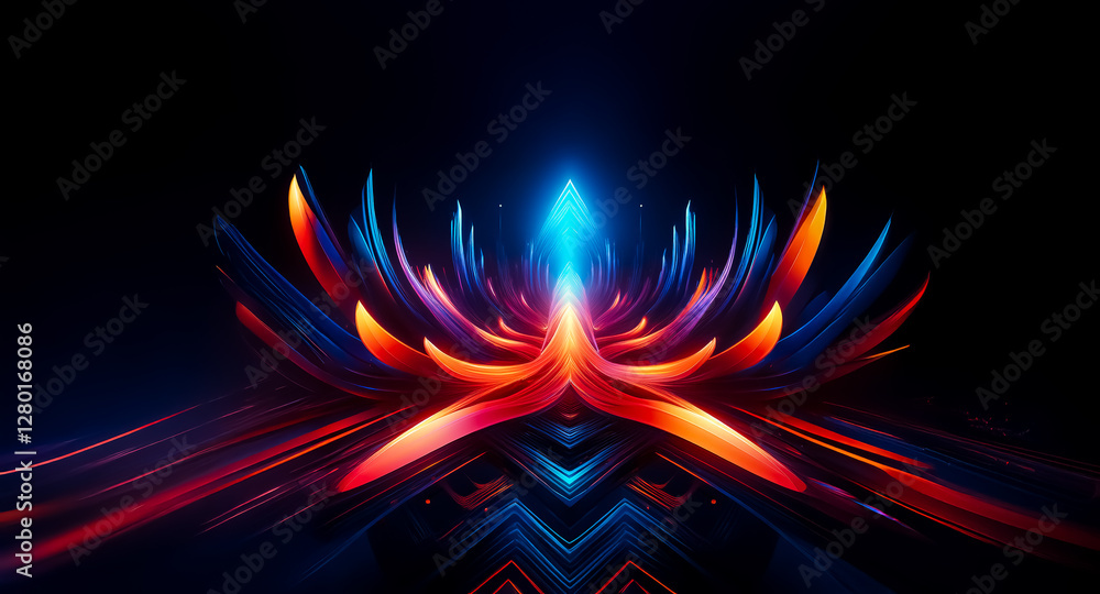 Poster vibrant abstract design featuring glowing light streaks in blue, red, and orange. a central point em