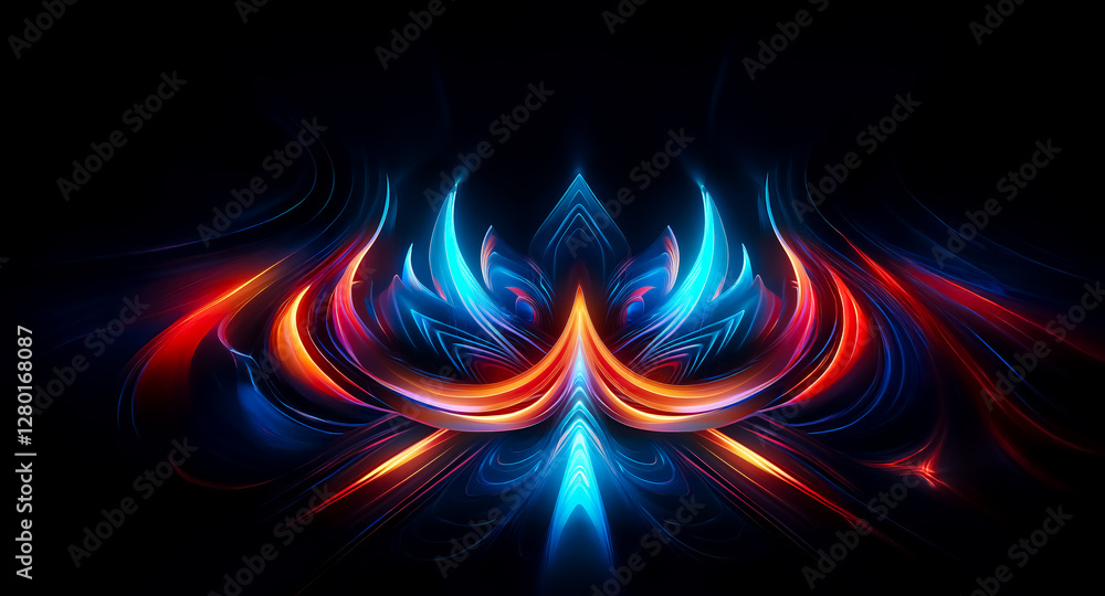 Poster vibrant abstract art with luminous blue and red flowing shapes creates a dynamic and symmetrical des