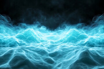 Obraz premium Abstract digital landscape with glowing cyan energy waves and particles, dark background, glowing light, digital art, futuristic technology concept