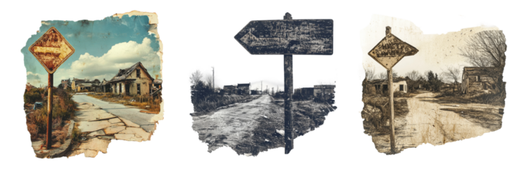 Vintage Road Signs with Abandoned Buildings Landscape Isolated on transparent background