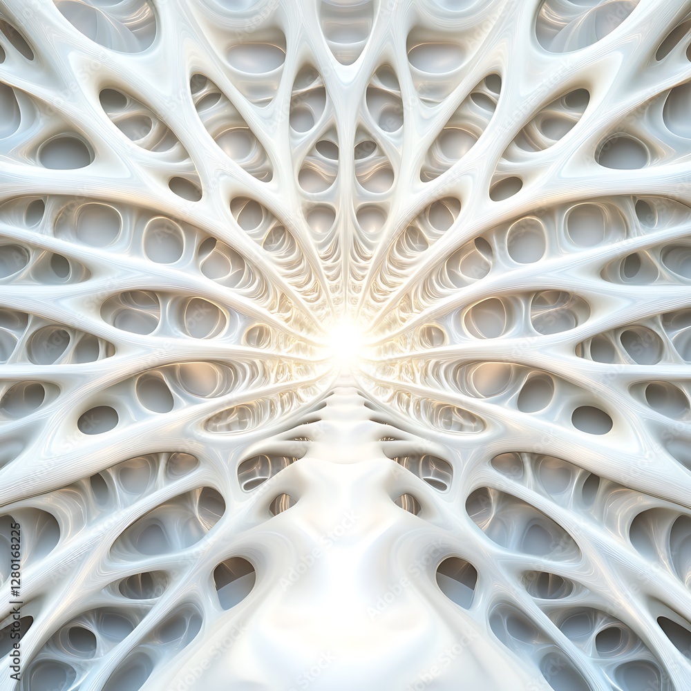 Fototapete abstract 3d rendering of a white organic structure with glowing center, intricate network of interco