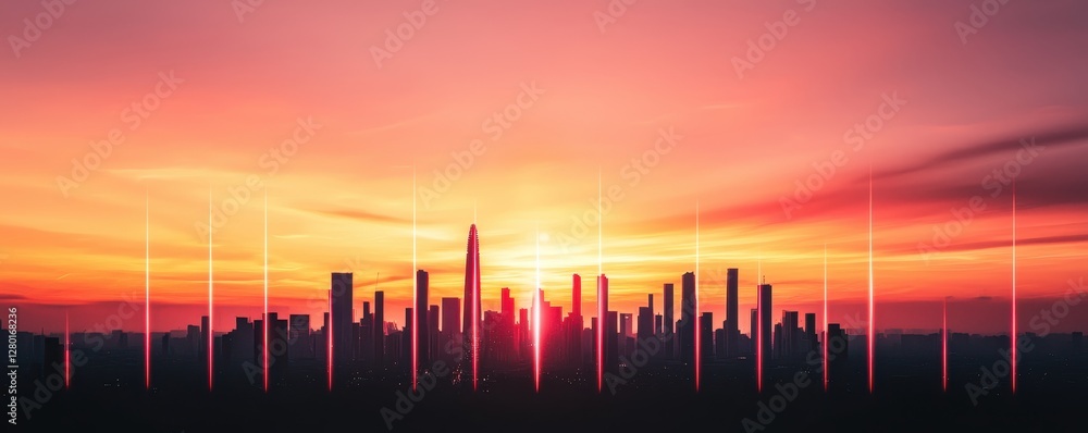 Poster a vibrant sunset skyline with silhouetted buildings and colorful clouds, creating a stunning visual 