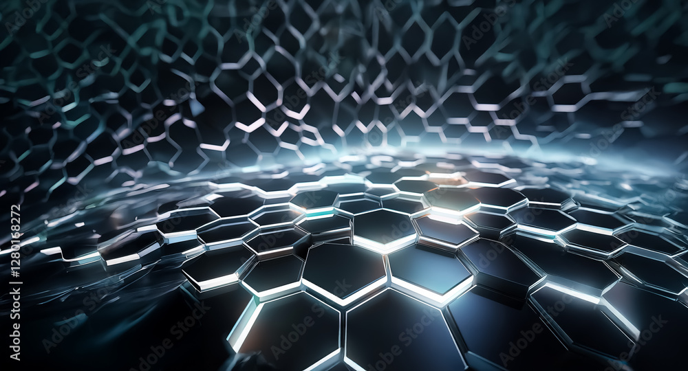 Poster abstract futuristic background of a metallic hexagonal grid with glowing edges. creates depth and a 