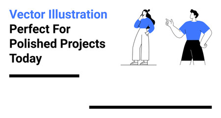 Two contemporary figures in casual clothing striking confident and contemplative poses. Ideal for team dynamics, communication, creativity, brainstorming, strategy, leadership, flat landing page