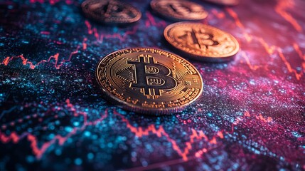 Glittering gold bitcoin cryptocurrency on detailed chart diagram illustrating blockchain investment, digital market trends, and financial data analysis