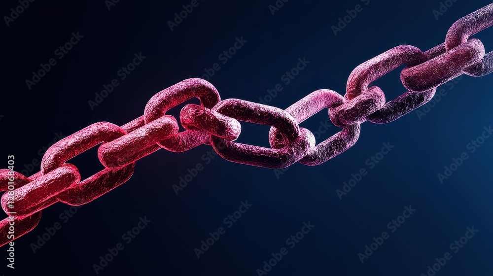 Poster A close-up of a vibrant red chain against a dark background, highlighting its textured links and creating a striking visual contrast.