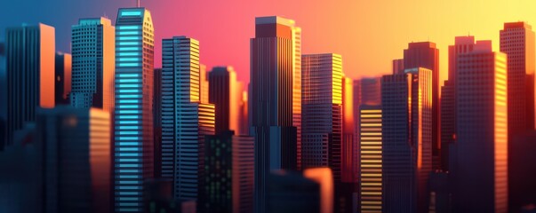 A vibrant city skyline at sunset, showcasing modern skyscrapers illuminated by warm hues of orange and blue.