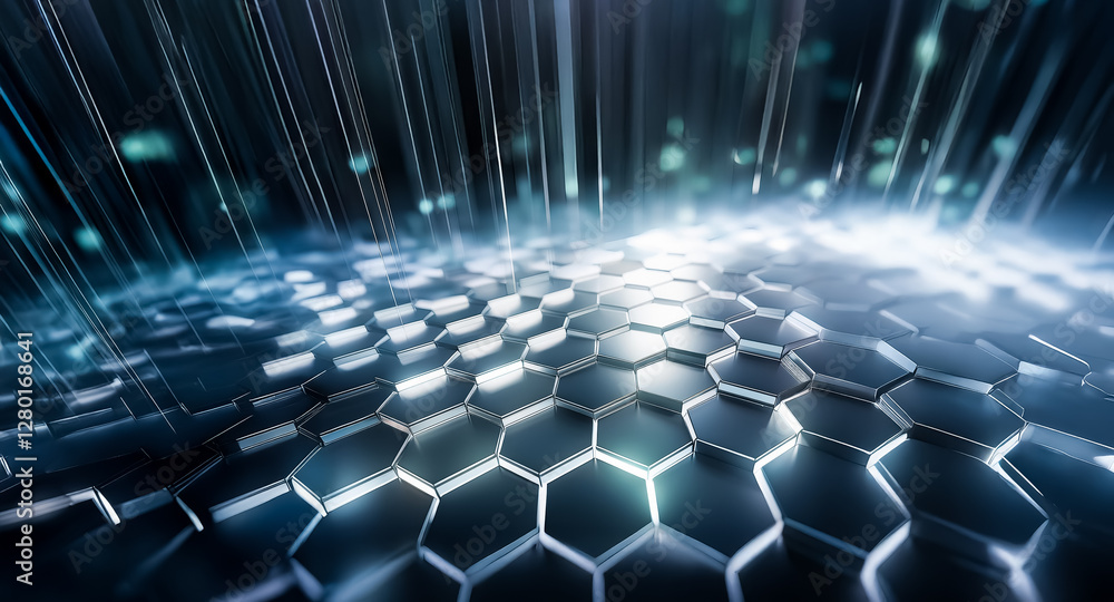 Poster gleaming hexagonal grid illuminated by bright beams, creating a futuristic and technological landsca