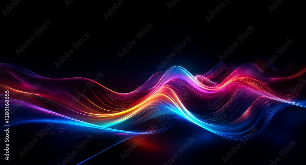 Poster vibrant, flowing waves of light paint a dark canvas, creating a mesmerizing and dynamic abstract vis
