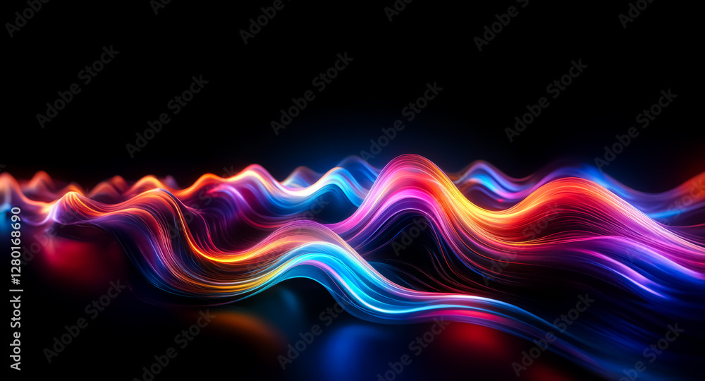 Poster abstract flowing lines of vibrant colors illuminate the darkness, forming a mesmerizing wave pattern