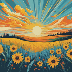 Colorful sunny summer landscape yellow flowers 