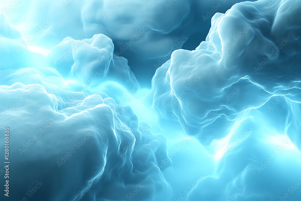 Poster abstract image of swirling, luminous blue and cyan clouds. glowing light emanates from within the cl
