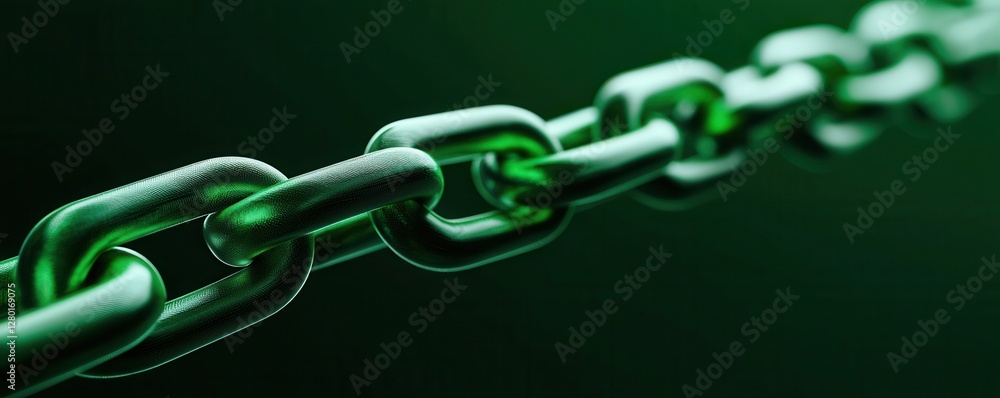 Poster a close-up view of a green metal chain against a dark background, highlighting its links and texture