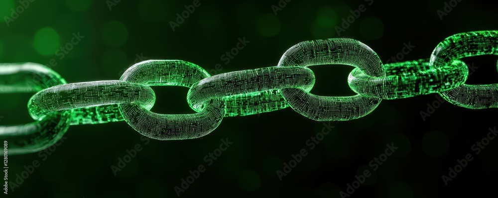 Poster a close-up view of a glowing green chain link, showcasing its texture and shine against a dark backg