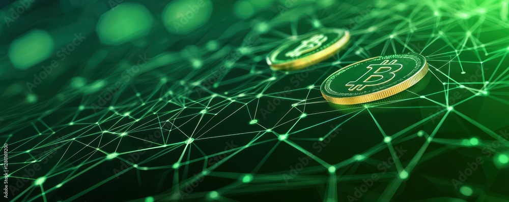 Poster a digital representation of cryptocurrency featuring bitcoin coins on a green network background, sy