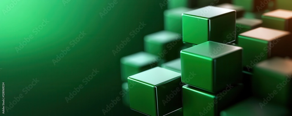 Poster a close-up of green 3d cubes arranged abstractly, creating a modern, digital aesthetic against a sof