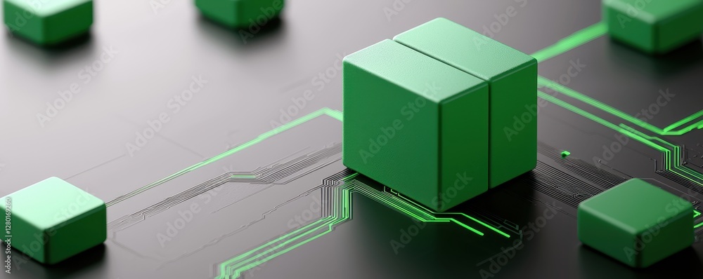 Poster A close-up view of green blocks on a circuit board, representing technology, innovation, and digital connectivity.