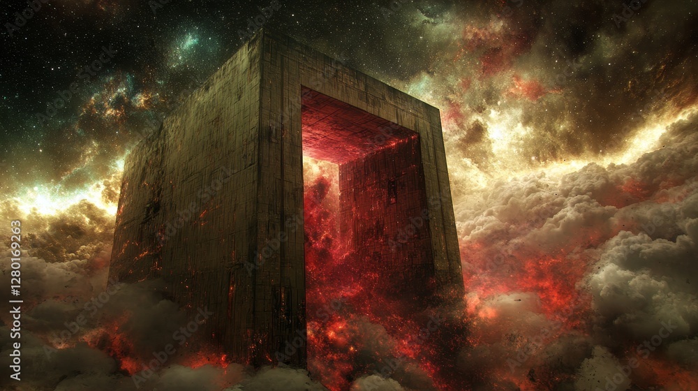 Poster cosmic monolith gateway a fiery interdimensional portal amidst nebula and stardust in a vast deep sp