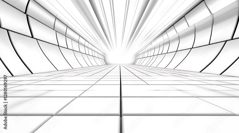 Poster abstract monochrome image depicting a futuristic tunnel or corridor. the perspective is from within 
