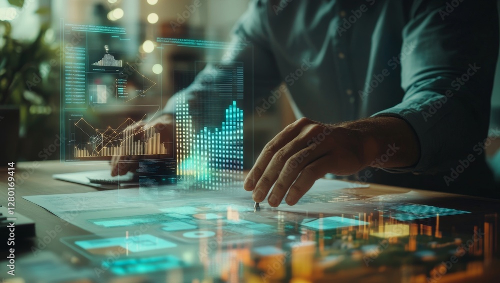 Poster businessman analyzing data on holographic overlay at office desk