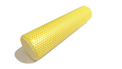 Yellow fitness foam roller on white background