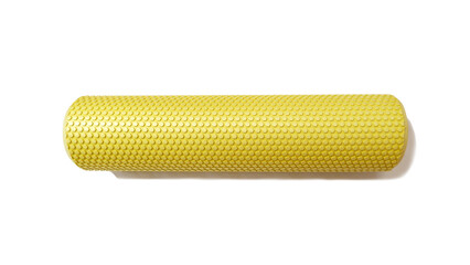 Yellow fitness foam roller on white background