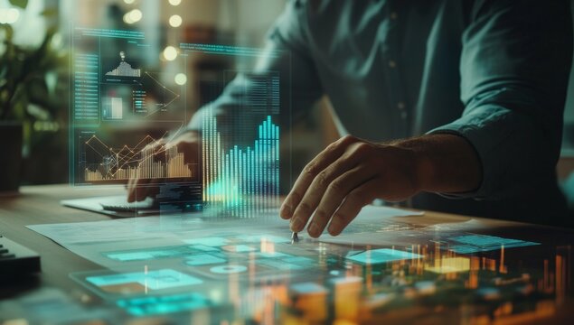 Businessman analyzing data on holographic overlay at office desk - Powered by Adobe