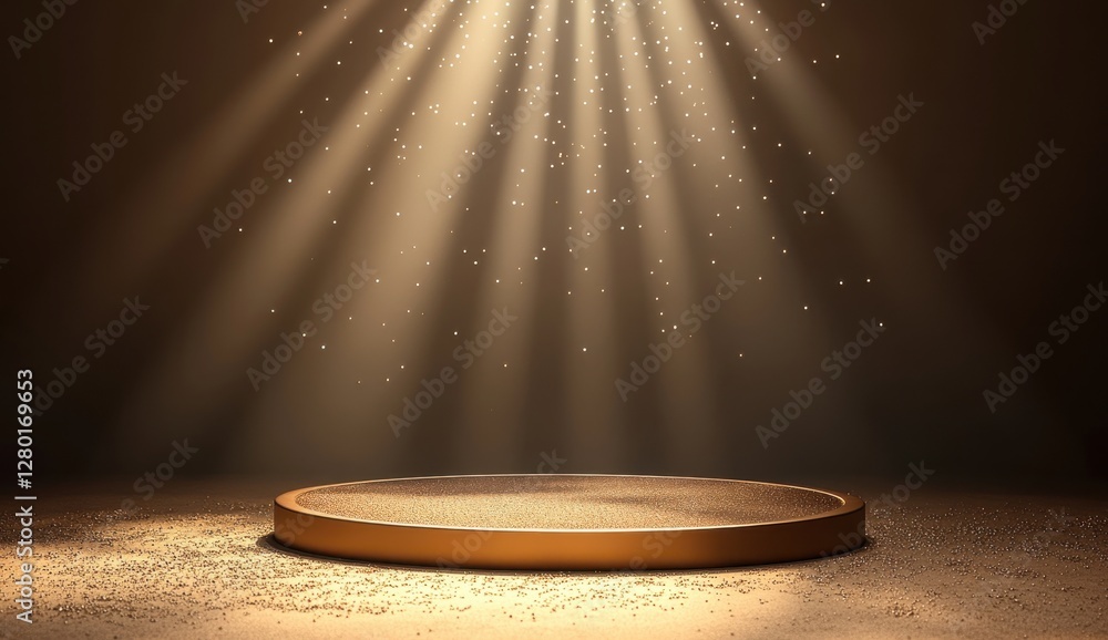 Poster illuminated stage with soft golden light shining down on circular platform surrounded by fine dust p