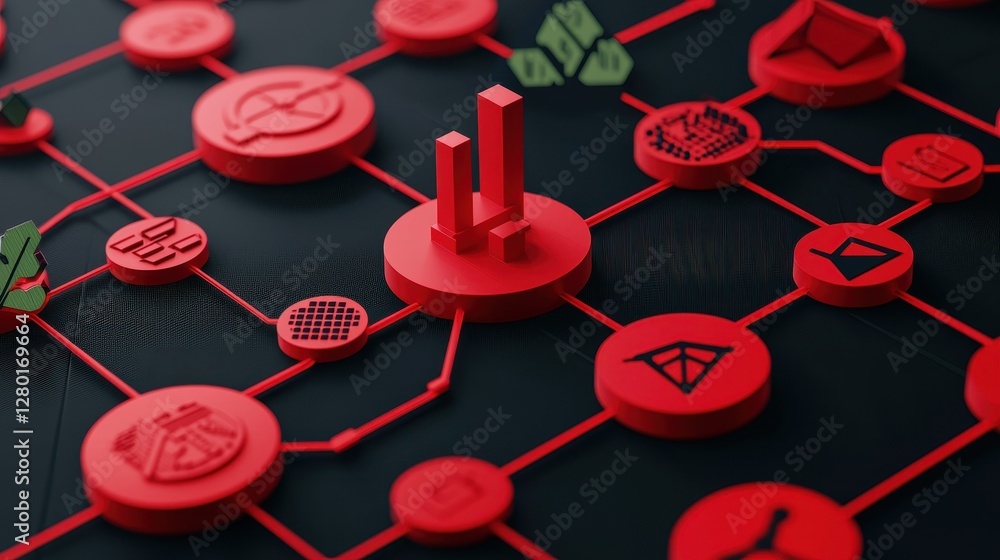 Aufkleber A vibrant digital network with red icons and a central bar chart, symbolizing data analysis and connectivity in a technological context.