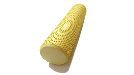Yellow fitness foam roller on white background