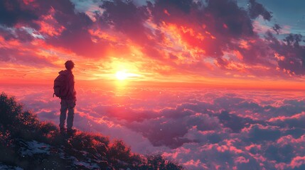 Obraz premium Person standing on mountain overlooking sunset with colorful cotton candy sky hues