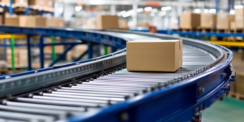 Cardboard box on automated conveyor belt in warehouse