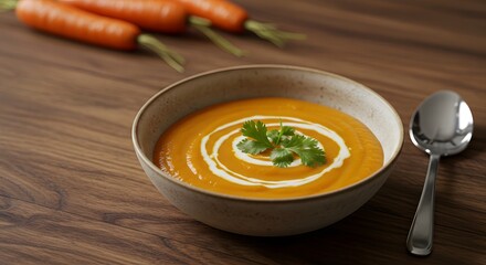 Creamy Carrot Soup Garnished with Cilantro on a Rustic Wood Table